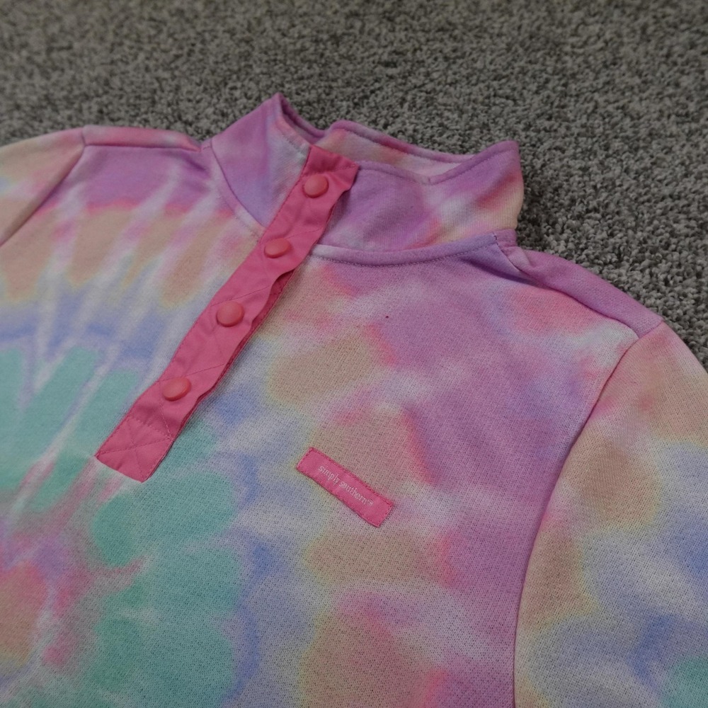 Simply Southern Sweatshirt Womens M Pink Blue Tie Dye Snap Pullover Mock Neck